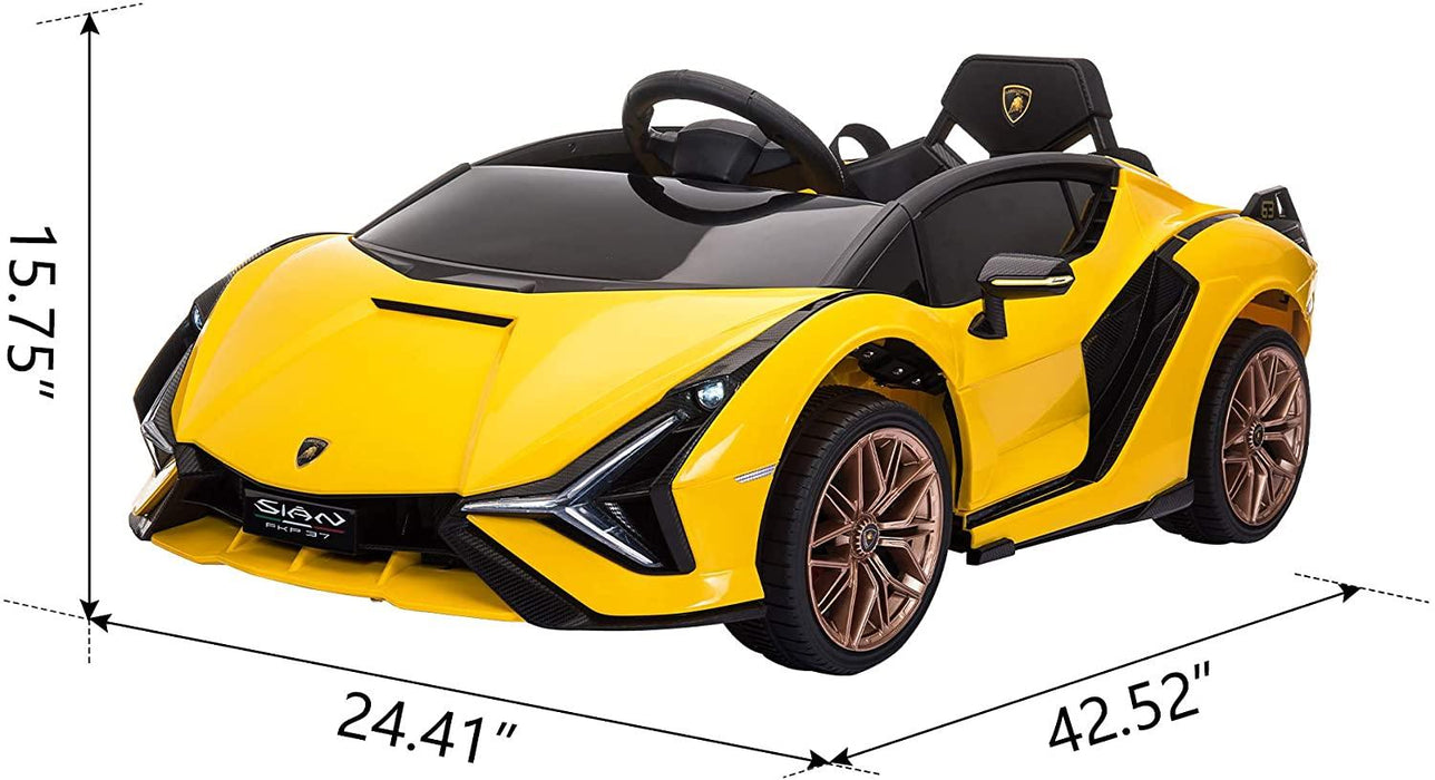 12V Kids Lamborghini Sian in yellow Color with specification and measurements in LWH