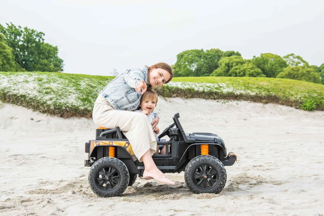 Kids Cars Jeep Kids sitting with mom on Ride on Cars Taking pose