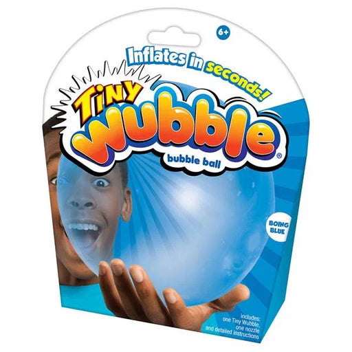 Packaging of a blue bubble ball with 'Tiny Wubble' branding and text on a white background.