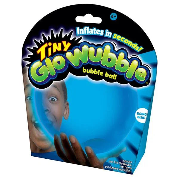 Packaging of Tiny Glowubble bubble ball with child's face inside, on a white background
