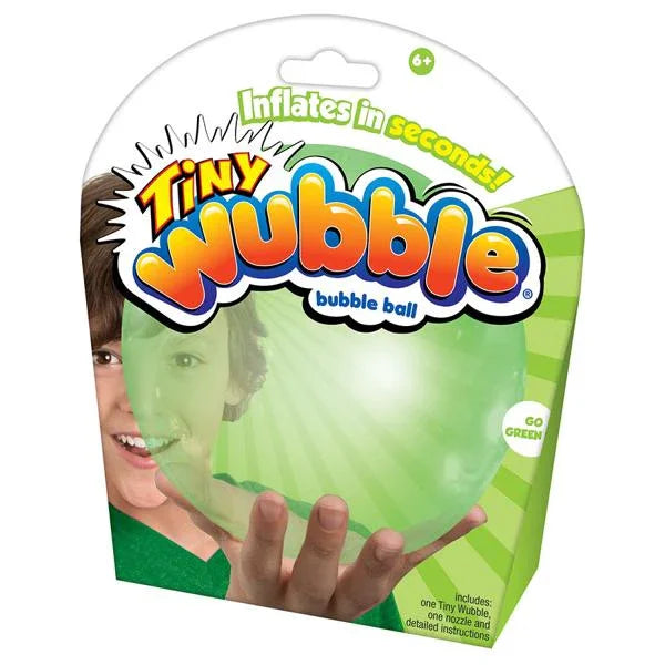 Packaging of a green bubble ball with 'Tiny Wubble' branding on a white background.