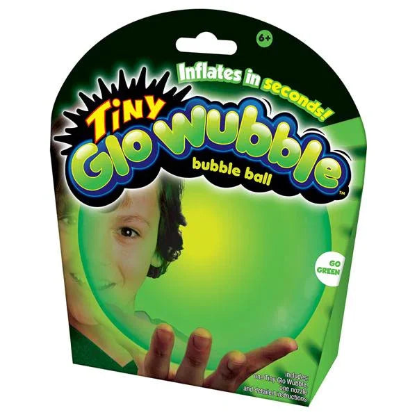 Packaging of Tiny Glowubble bubble ball with green bubble and child's hand