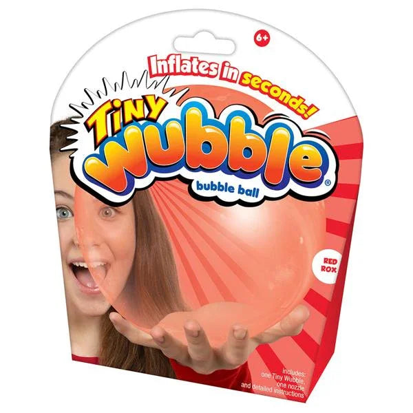 Packaging of Tiny Wubble bubble ball with a woman holding it.