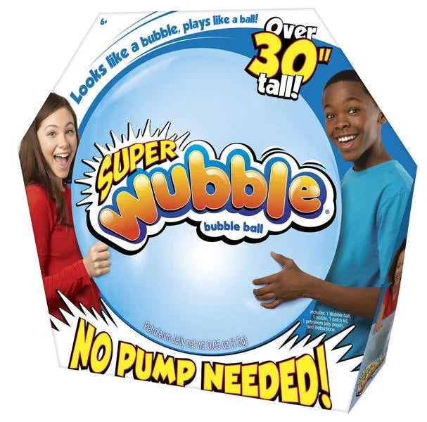Super Wubble bubble ball packaging with two children holding it, featuring text about size and no pump needed.