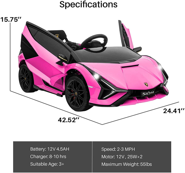 12V Kids Lamborghini Sian in pink Color with specification and measurements in LWH