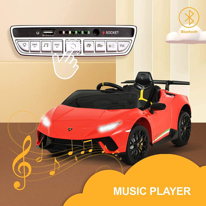 12V Lamborghini Huracan in red color with music player with skip track function