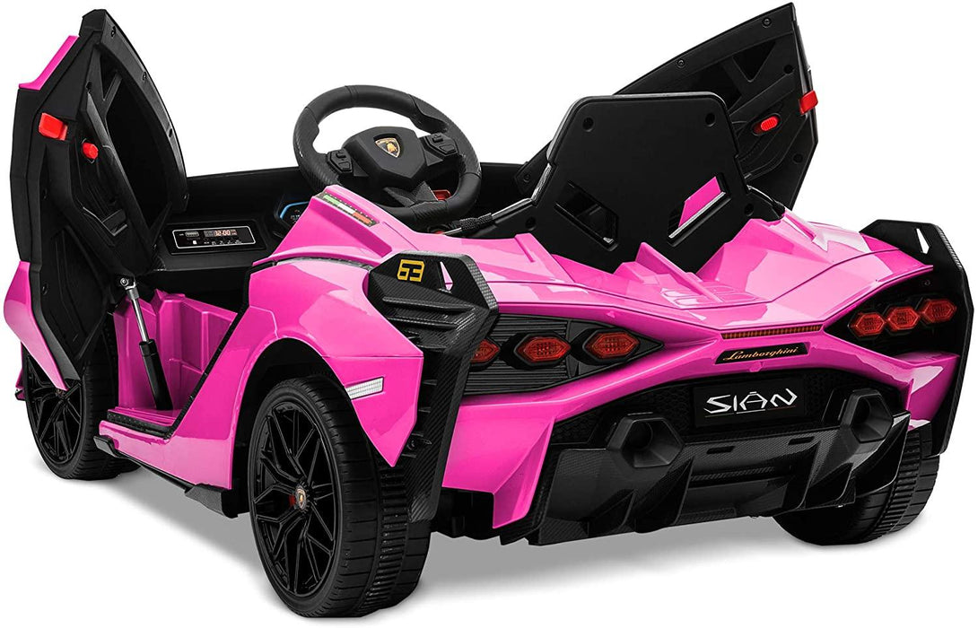 12V Kids Lamborghini Sian in pink Color back side view with both door open