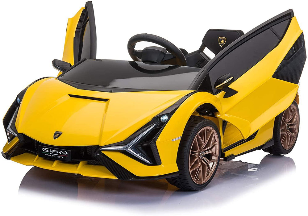 12V Kids Lamborghini Sian in yellow Color left side view with both door open