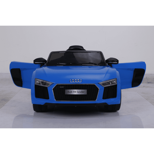 Blue 12V Audi R8 Spyder Front view with both door open Ride on Cars for Kids with Official License badge