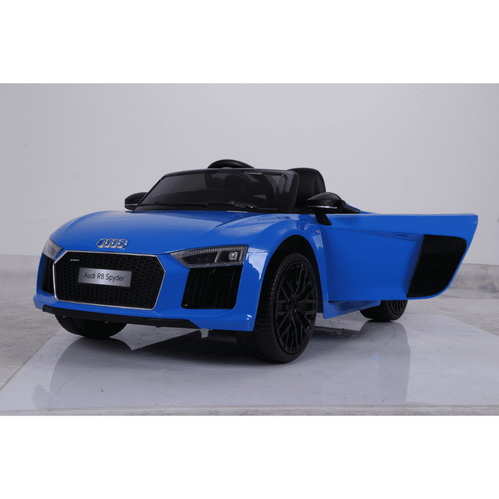 Blue 12V Audi R8 Spyder Left Side view with door open Ride on Cars for Kids with Official License badge