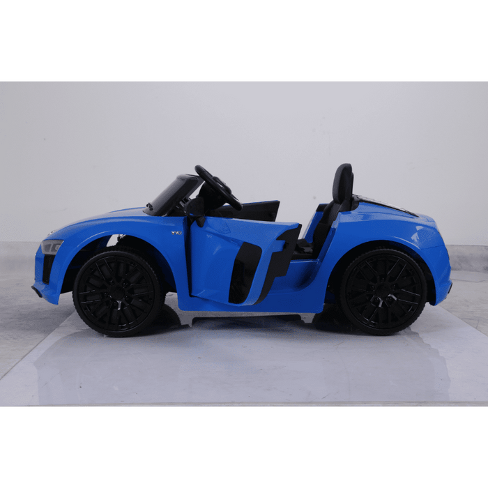 Blue 12V Audi R8 Spyder Left Side front view with door open Ride on Cars for Kids with Official License badge